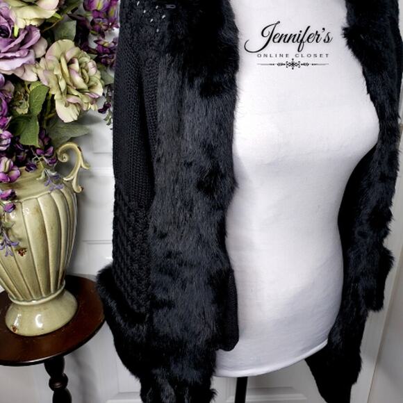 Essentiel Antwerp Black Wool Cable Knit Faux Mink Trimmed Cardigan - Picture 7 of 13